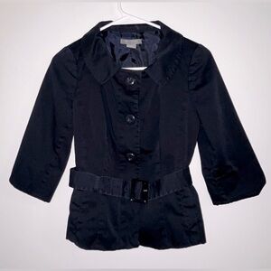 Ann Taylor Women's Size 2P Jacket 3/4 Sleeve Button Up Navy Side Pockets Belted